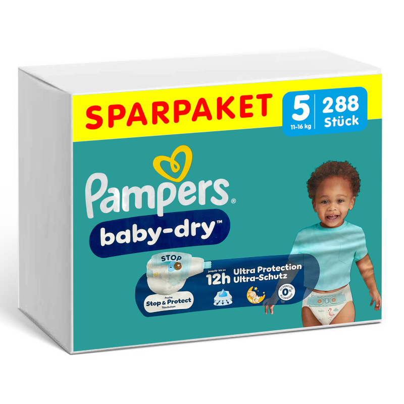 Vorderseite einer Packung Pampers Baby Dry Größe 5.